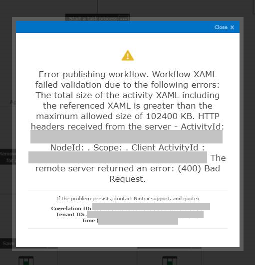 nintex xaml error publishing workflow